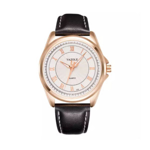 Yazole 336 Leather Watch -Black and Gold